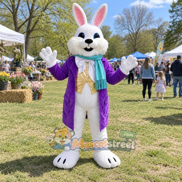 White Rabbit Mascot Costume with Purple Jacket and Teal Scarf