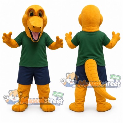 Orange Crocodile Mascot Costume with Green Shirt and Navy Shorts