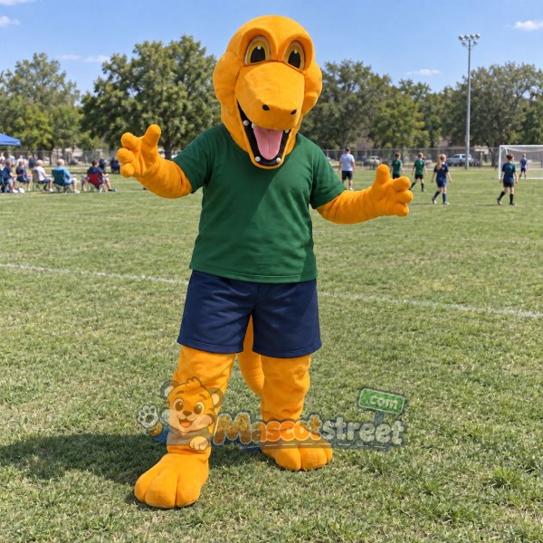 Orange Crocodile Mascot Costume with Green Shirt and Navy Shorts Orange Crocodile Mascot Costume with Green Shirt and Navy Shorts