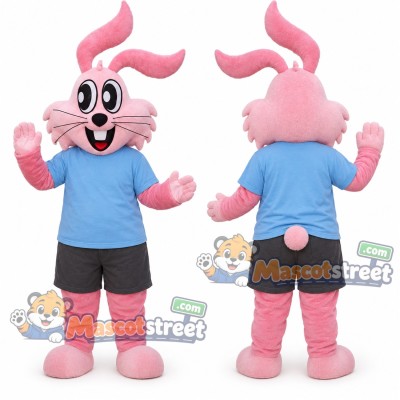 Pink Rabbit Mascot Costume with Blue Shirt and Gray Shorts