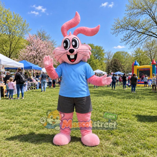 Pink Rabbit Mascot Costume with Blue Shirt and Gray Shorts