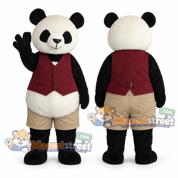 Panda Mascot Costume with Burgundy Vest and Beige Shorts