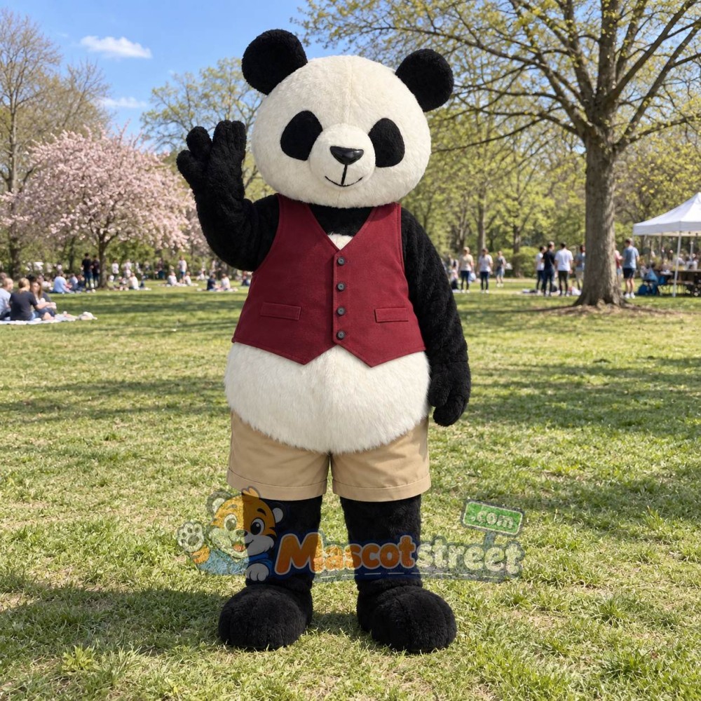Panda Mascot Costume with Burgundy Vest and Beige Shorts