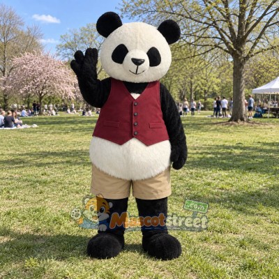 Panda Mascot Costume with Burgundy Vest and Beige Shorts