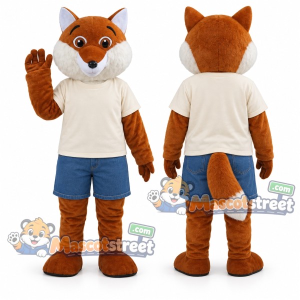 Orange Fox Mascot Costume with Cream Shirt and Blue Shorts