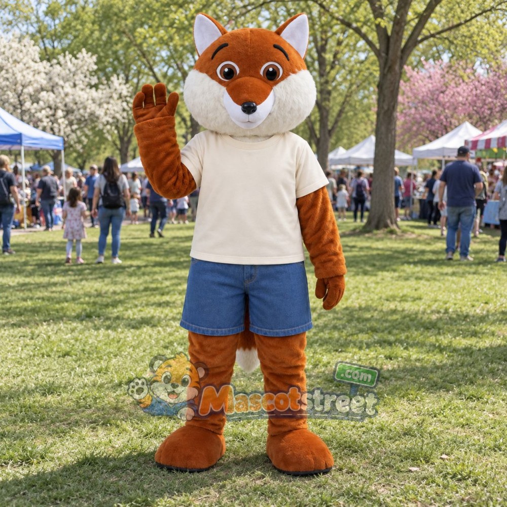 Orange Fox Mascot Costume with Cream Shirt and Blue Shorts Orange Fox Mascot Costume with Cream Shirt and Blue Shorts