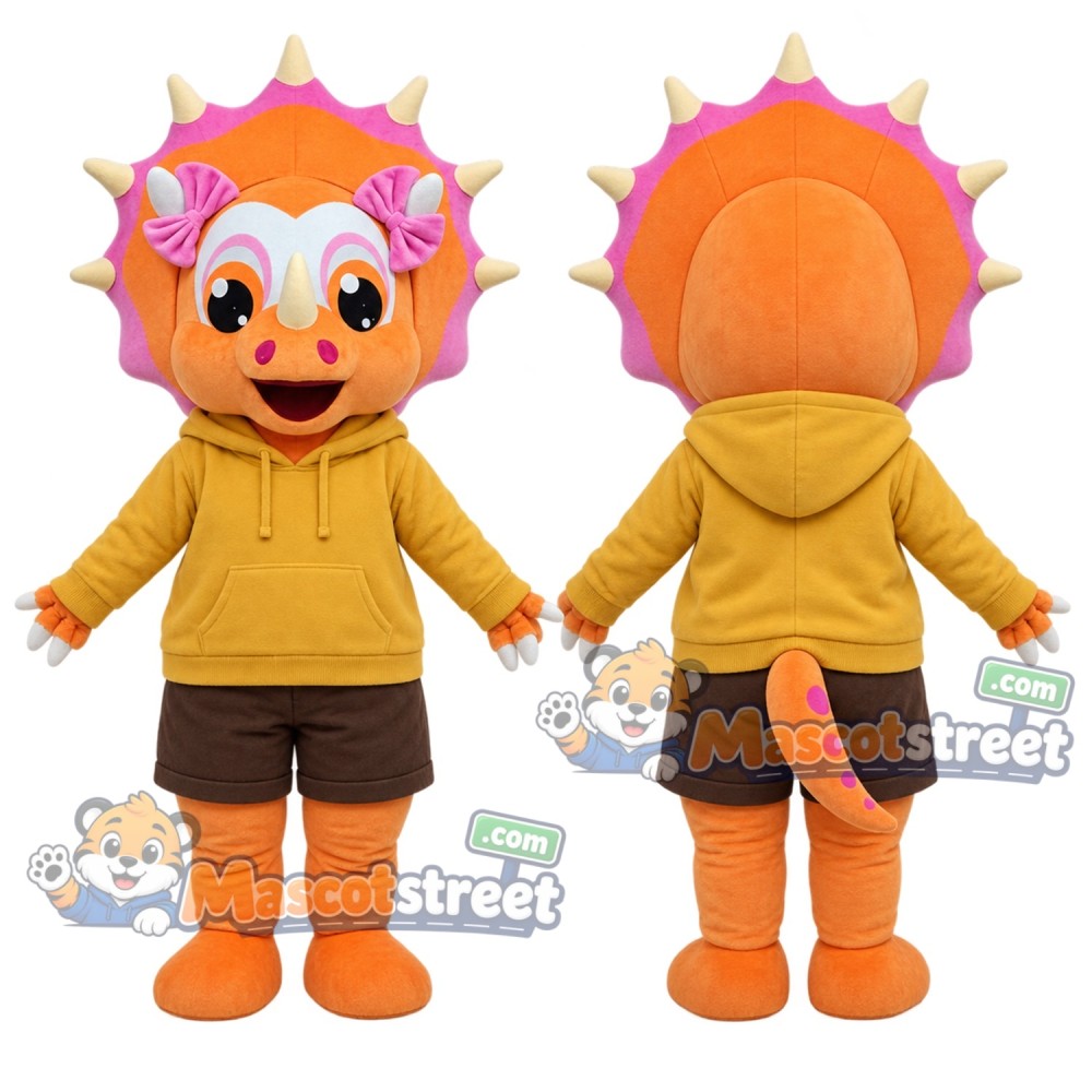 Orange and Pink Triceratops Mascot Costume with Yellow Hoodie and Brown Shorts Orange and Pink Triceratops Mascot Costume with Yellow Hoodie and Brown Shorts