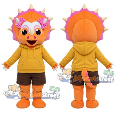 Orange and Pink Triceratops Mascot Costume with Yellow Hoodie and Brown Shorts Orange and Pink Triceratops Mascot Costume with Yellow Hoodie and Brown Shorts