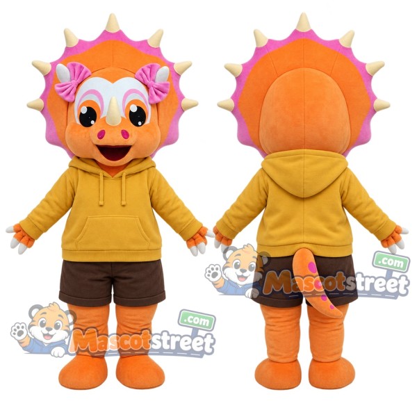 Orange and Pink Triceratops Mascot Costume with Yellow Hoodie and Brown Shorts