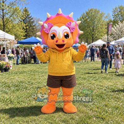 Orange and Pink Triceratops Mascot Costume with Yellow Hoodie and Brown Shorts