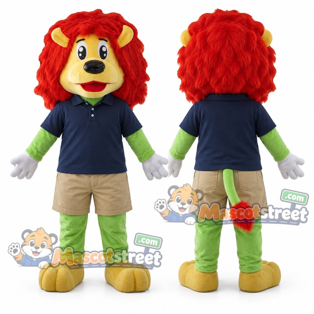 Green Lion with Red Mane Mascot Costume with Navy Polo Shirt and Beige Shorts Green Lion with Red Mane Mascot Costume with Navy Polo Shirt and Beige Shorts