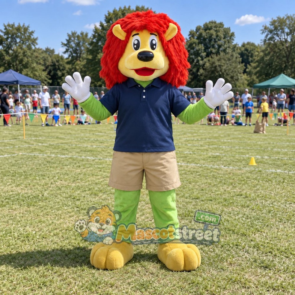 Green Lion with Red Mane Mascot Costume with Navy Polo Shirt and Beige Shorts