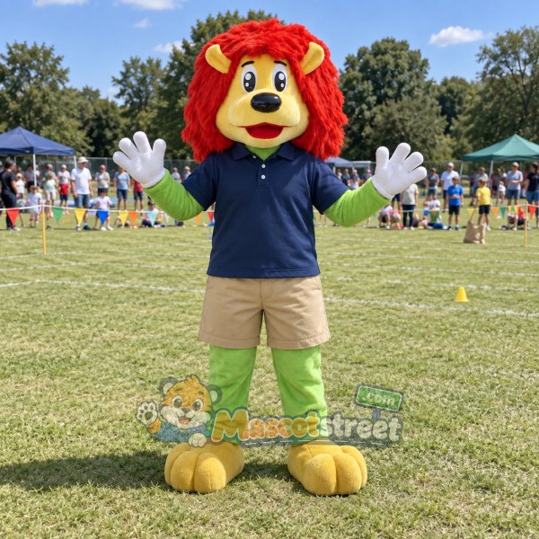 Green Lion with Red Mane Mascot Costume with Navy Polo Shirt and Beige Shorts