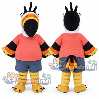 Black Toucan Mascot Costume with Coral Shirt and Blue Shorts Black Toucan Mascot Costume with Coral Shirt and Blue Shorts