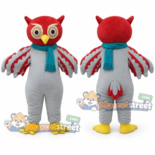 Red and Gray Owl Mascot Costume with Teal Scarf