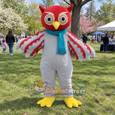 Red and Gray Owl Mascot Costume with Teal Scarf Red and Gray Owl Mascot Costume with Teal Scarf