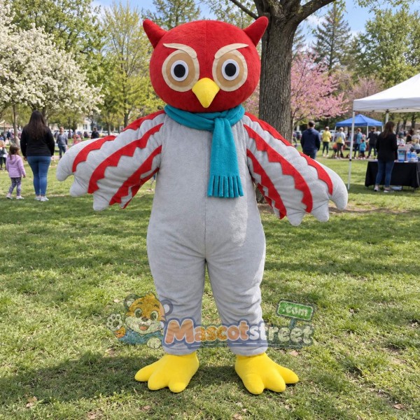 Red and Gray Owl Mascot Costume with Teal Scarf