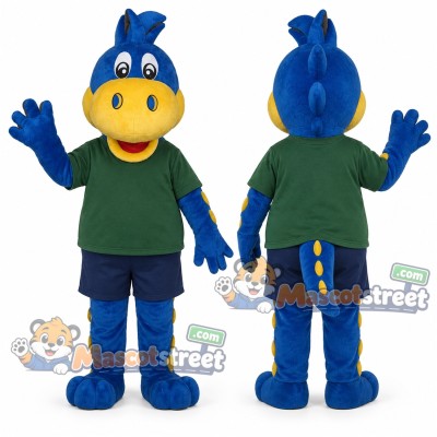 Blue Dinosaur Mascot Costume with Green Shirt and Navy Shorts Blue Dinosaur Mascot Costume with Green Shirt and Navy Shorts