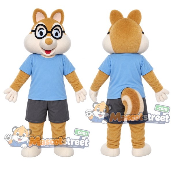 Tan Chipmunk Mascot Costume with Blue Shirt and Gray Shorts