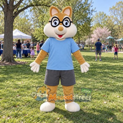 Tan Chipmunk Mascot Costume with Blue Shirt and Gray Shorts Tan Chipmunk Mascot Costume with Blue Shirt and Gray Shorts