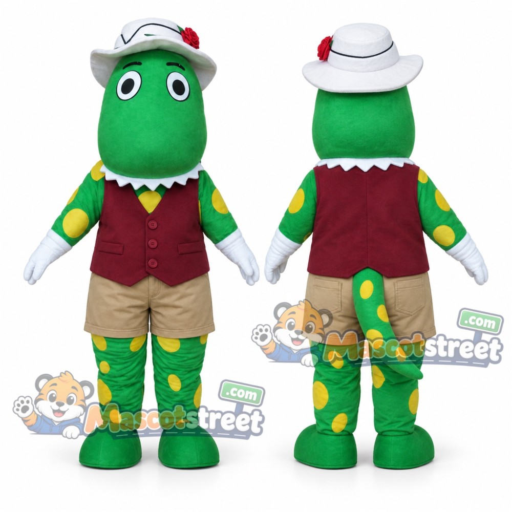 Green Dinosaur Mascot Costume with Burgundy Vest, Beige Shorts and White Hat Green Dinosaur Mascot Costume with Burgundy Vest, Beige Shorts and White Hat