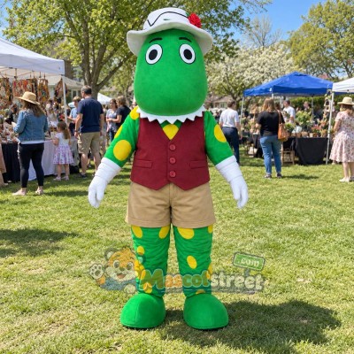 Green Dinosaur Mascot Costume with Burgundy Vest, Beige Shorts and White Hat