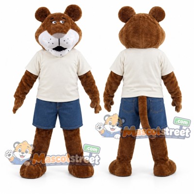 Brown Lion Mascot Costume with Cream Shirt and Blue Shorts