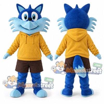 Blue Fox Mascot Costume with Yellow Hoodie and Brown Shorts Blue Fox Mascot Costume with Yellow Hoodie and Brown Shorts