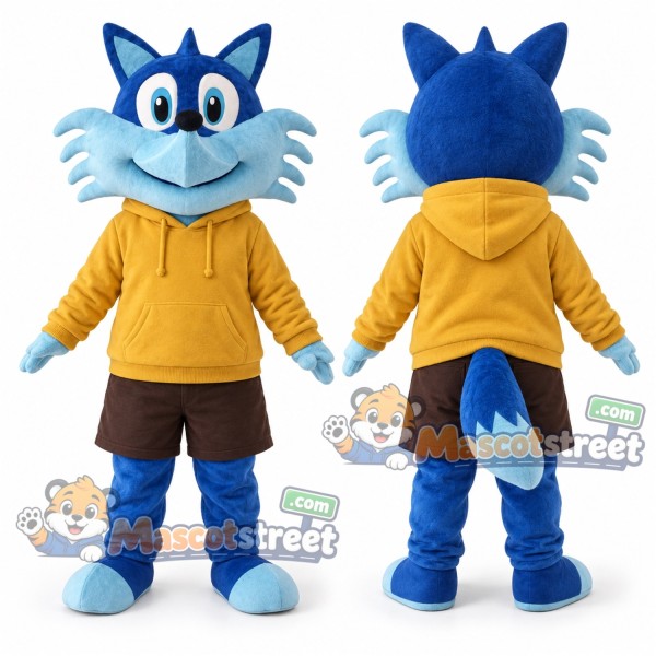 Blue Fox Mascot Costume with Yellow Hoodie and Brown Shorts
