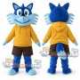 Blue Fox Mascot Costume with Yellow Hoodie and Brown Shorts