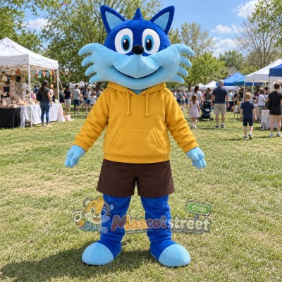 Blue Fox Mascot Costume with Yellow Hoodie and Brown Shorts