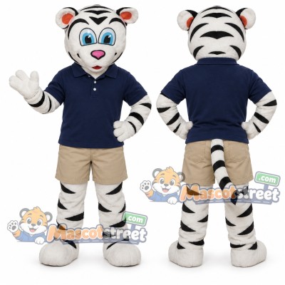 White Tiger Mascot Costume with Navy Polo Shirt and Beige Shorts