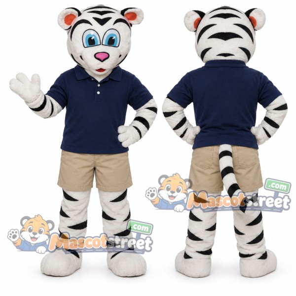 White Tiger Mascot Costume with Navy Polo Shirt and Beige Shorts