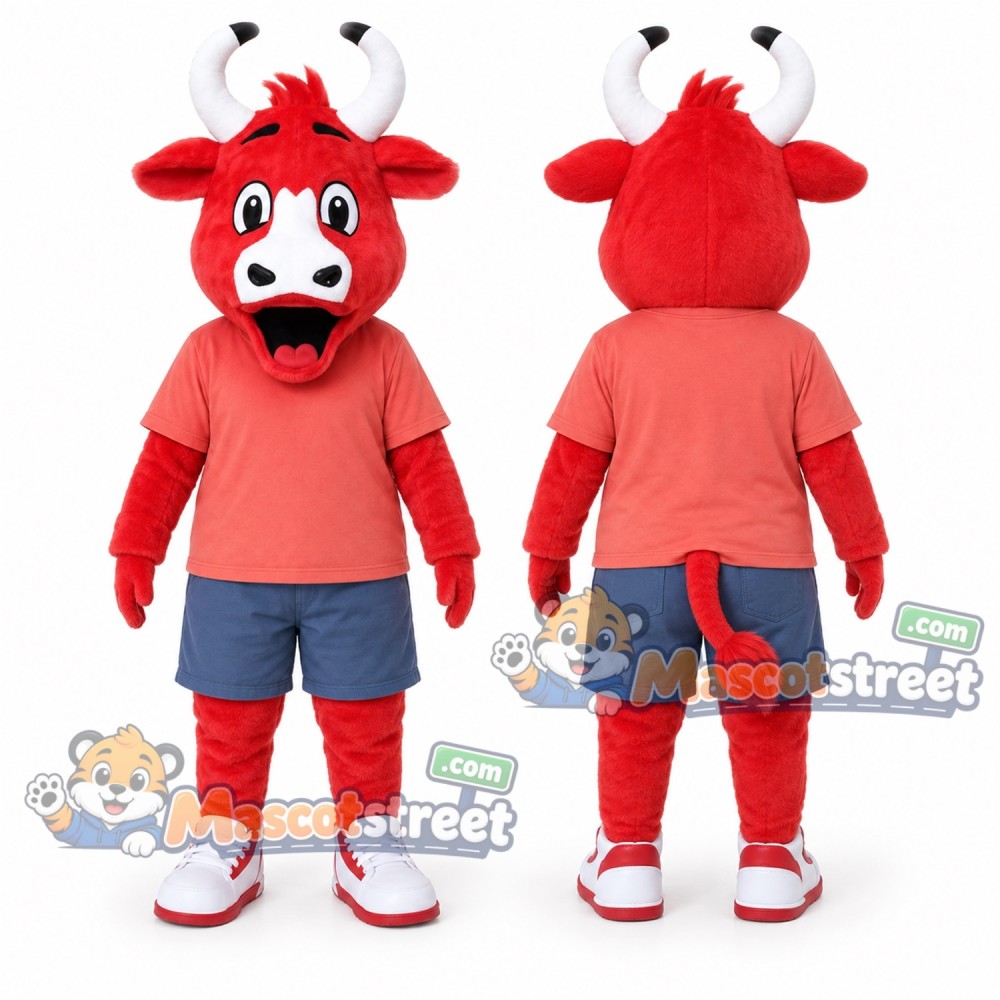 Red Bull Mascot Costume with Coral Shirt and Blue Shorts Red Bull Mascot Costume with Coral Shirt and Blue Shorts