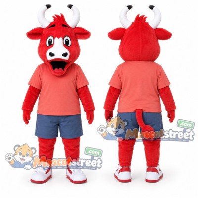 Red Bull Mascot Costume with Coral Shirt and Blue Shorts Red Bull Mascot Costume with Coral Shirt and Blue Shorts