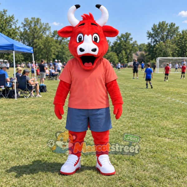 Red Bull Mascot Costume with Coral Shirt and Blue Shorts