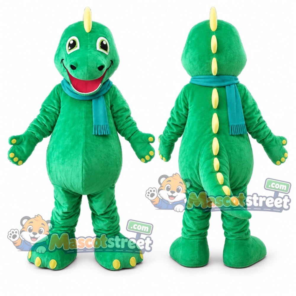 Green Dinosaur Mascot Costume with Teal Scarf Green Dinosaur Mascot Costume with Teal Scarf