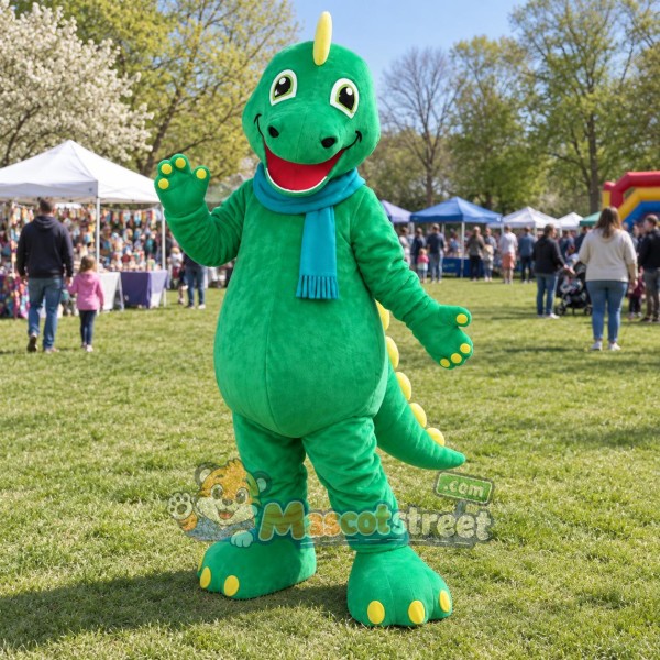 Green Dinosaur Mascot Costume with Teal Scarf Green Dinosaur Mascot Costume with Teal Scarf