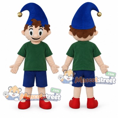 Elf Boy Mascot Costume with Green Shirt, Navy Shorts and Blue Hat Elf Boy Mascot Costume with Green Shirt, Navy Shorts and Blue Hat