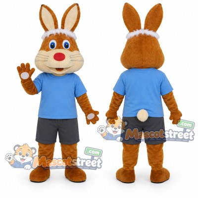 Brown Rabbit Mascot Costume with Blue Shirt and Gray Shorts Brown Rabbit Mascot Costume with Blue Shirt and Gray Shorts