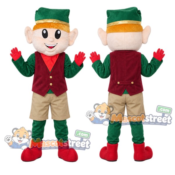 Christmas Elf Mascot Costume with Burgundy Vest, Beige Shorts and Green Hat
