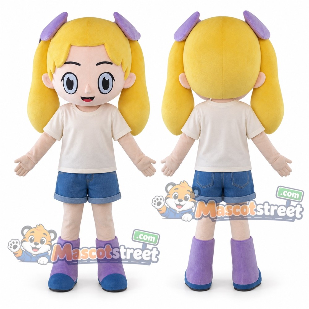Blond Girl Mascot Costume with Cream Shirt and Blue Shorts Blond Girl Mascot Costume with Cream Shirt and Blue Shorts