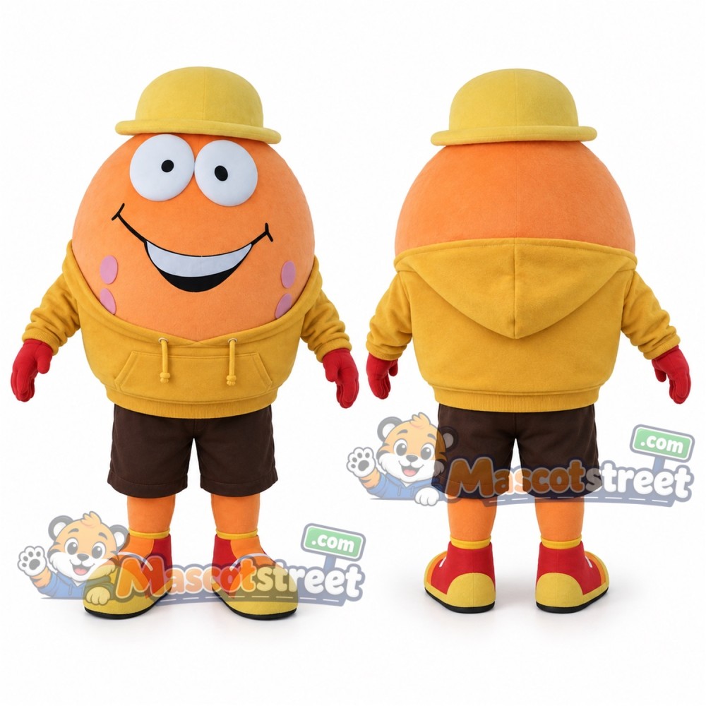 Orange Golf Ball Mascot Costume with Yellow Hoodie, Brown Shorts and Yellow Cap Orange Golf Ball Mascot Costume with Yellow Hoodie, Brown Shorts and Yellow Cap