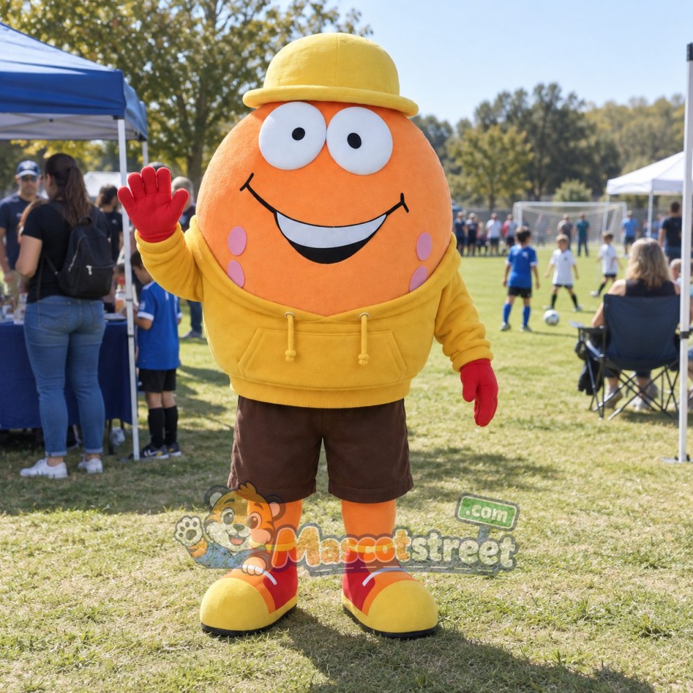 Orange Golf Ball Mascot Costume with Yellow Hoodie, Brown Shorts and Yellow Cap Orange Golf Ball Mascot Costume with Yellow Hoodie, Brown Shorts and Yellow Cap