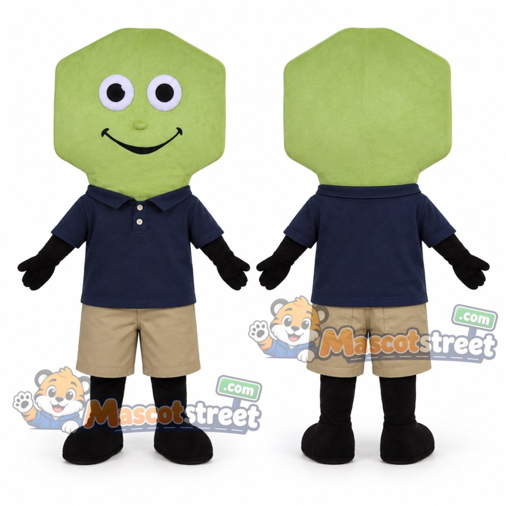 Green Key Mascot Costume with Navy Polo Shirt and Beige Shorts
