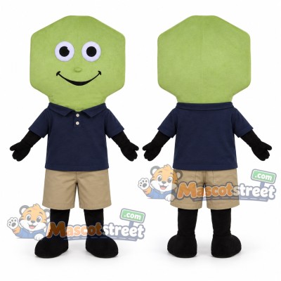 Green Key Mascot Costume with Navy Polo Shirt and Beige Shorts