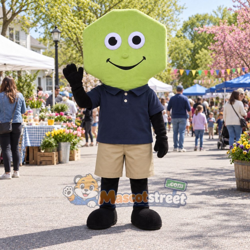 Green Key Mascot Costume with Navy Polo Shirt and Beige Shorts