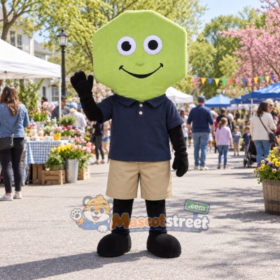 Green Key Mascot Costume with Navy Polo Shirt and Beige Shorts