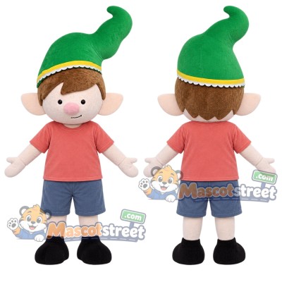 Elf Boy Mascot Costume with Coral Shirt, Blue Shorts and Green Hat