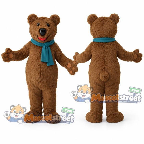 Brown Bear Mascot Costume with Teal Scarf